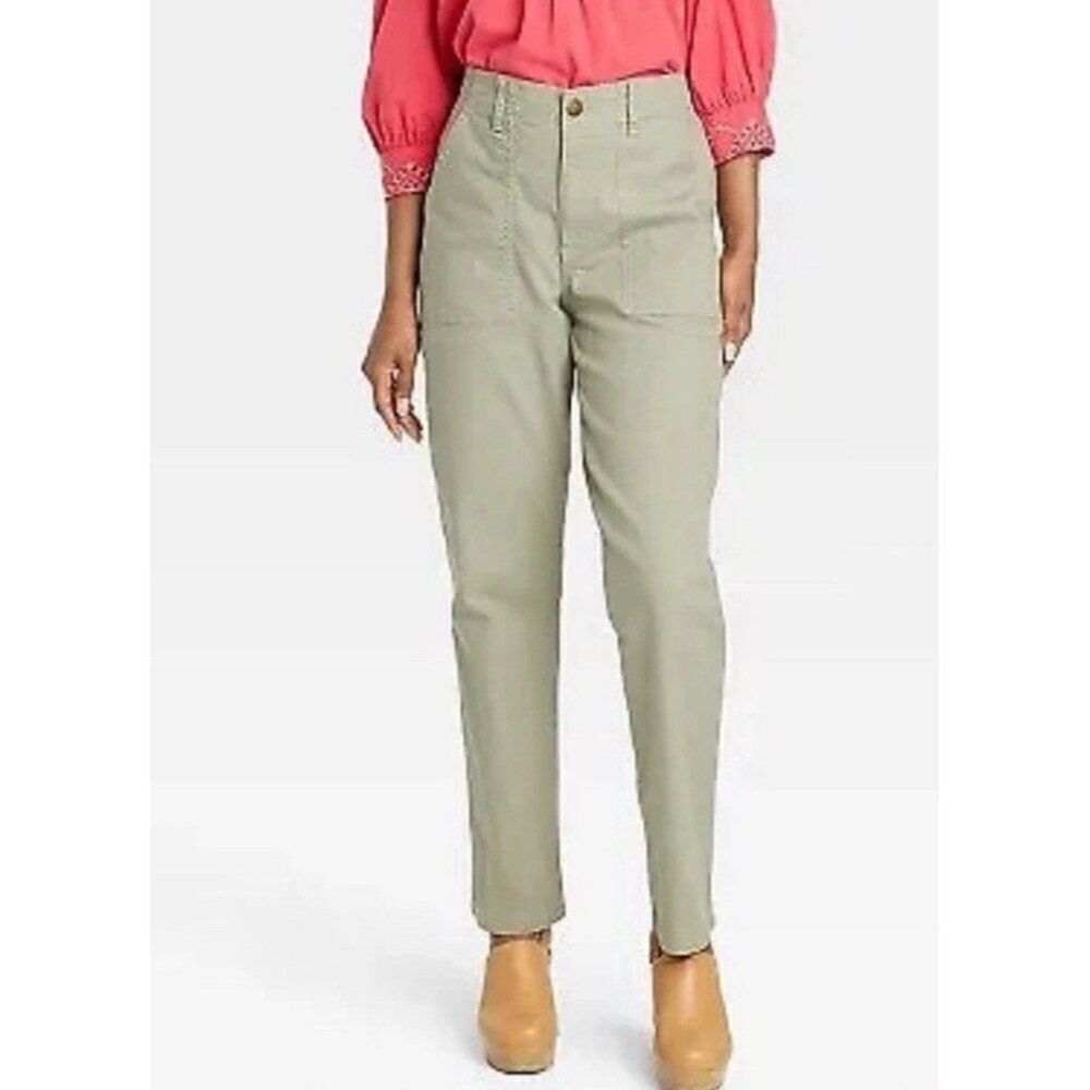 Knox Rose New Solid Olive Green High Rise Relaxed Straight Leg Pants Large